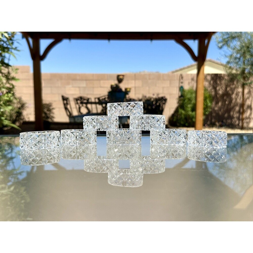 8 Crystal Glass Oval Napkin Rings Set Clear Original Tag Western Germany Old